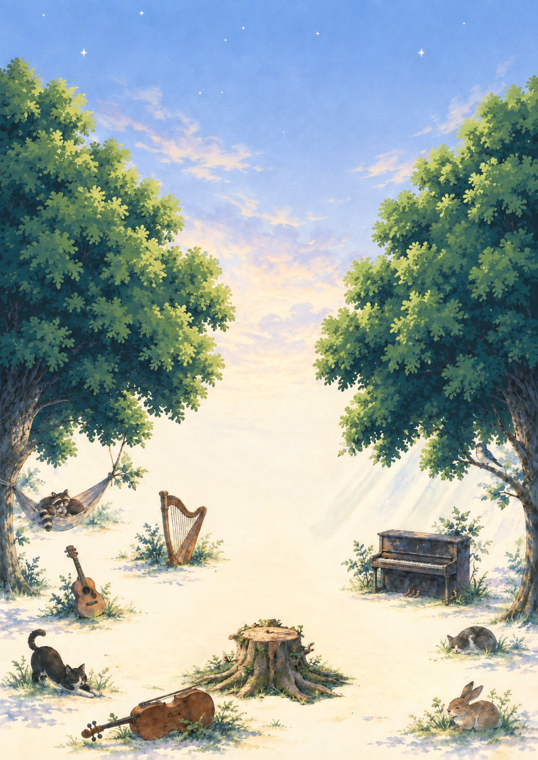 A sunlit woodland clearing with instruments, resting animals, and a raccoon relaxing in a hammock.