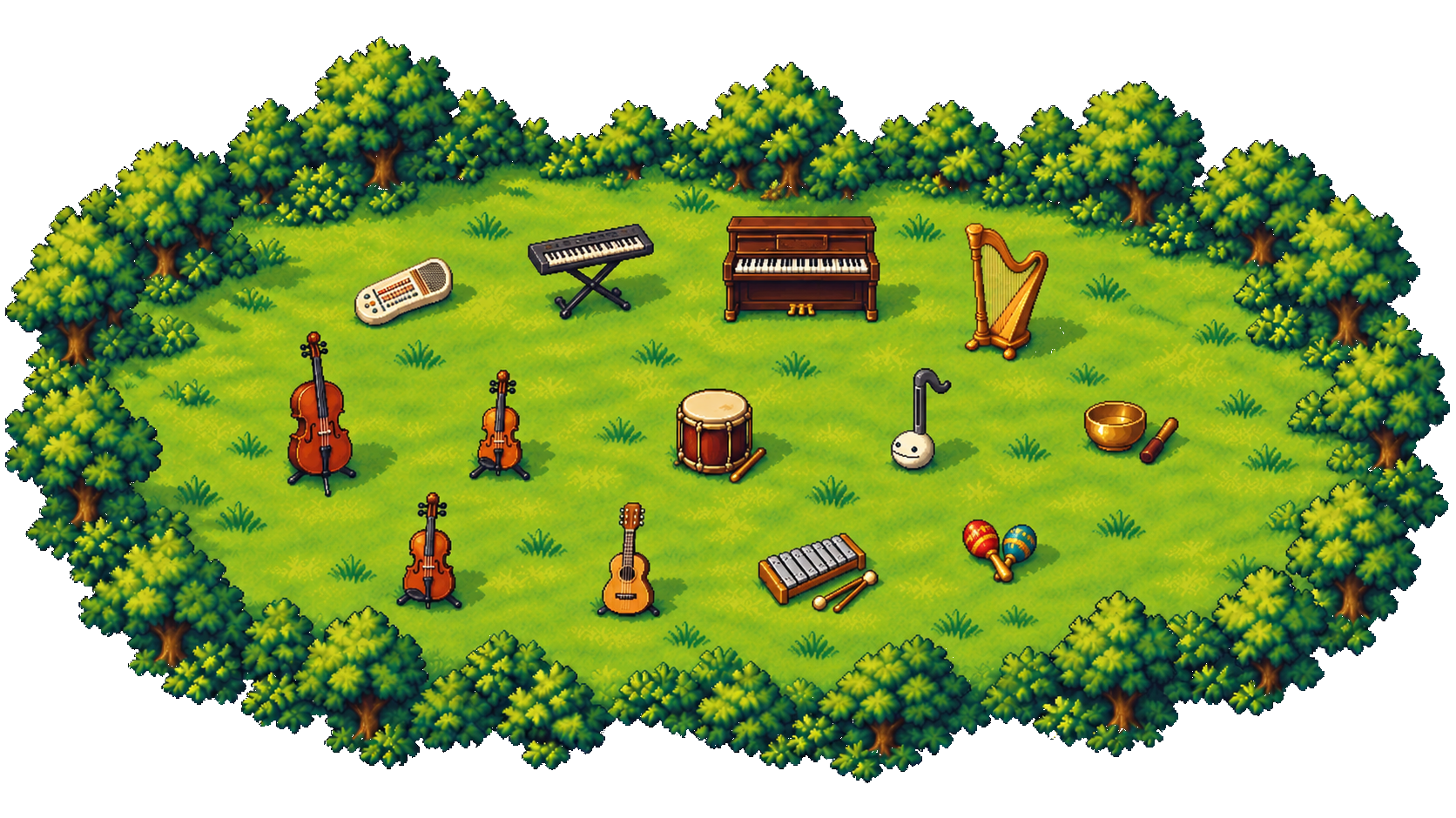Thirteen instruments waiting in a quiet woodland clearing.