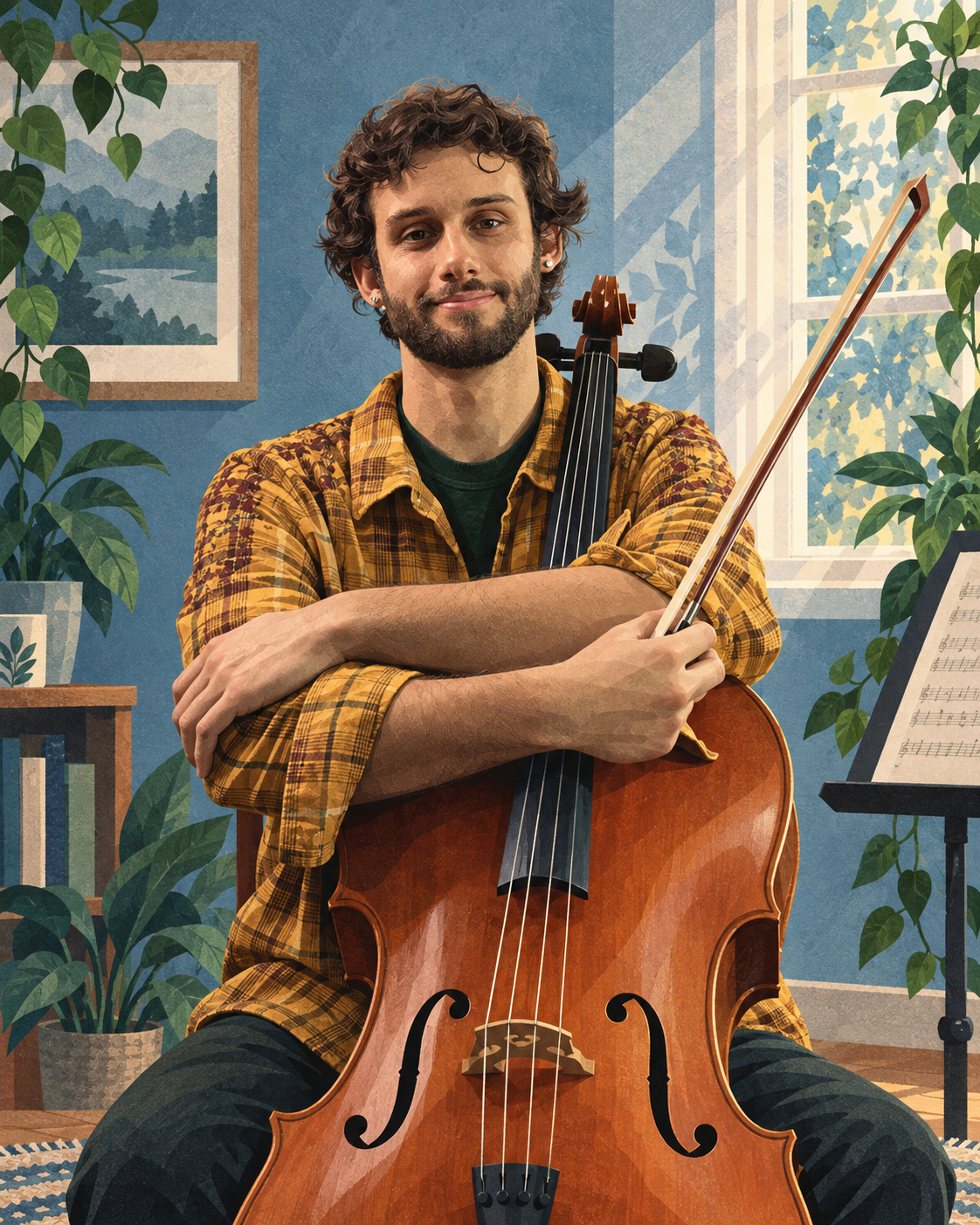 Illustrated portrait of Kevin Wilson holding his cello.